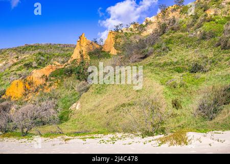 The Pinnacles are colourful sand dunes on the eastern coastline, along Seventy Five Mile Beach on Fraser Island, Queensland, Australia Stock Photo