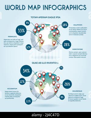 World globe infographic in polygon style. Statistic earth, report data, share and analyst, vector illustration Stock Vector