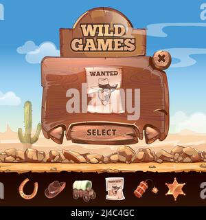 Wild West desert landscape background user interface UI cartoon style. Badge and wanted, plate and horseshoe, star and dynamite, vector illustration Stock Vector