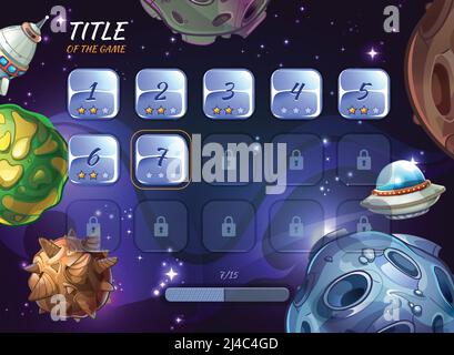 Cartoon space vector background for UI game. Button user app, universe and asteroid, rocketship and explore crater or ufo illustration Stock Vector