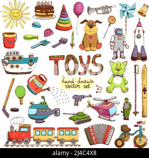 vector hand drawn colored toys: dog pyramid club watering can gun Stock Vector