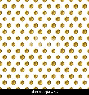 Golden background with honeycomb shapes. Seamless pattern with glitter effect. Template texture for invitation, poster, card, banner, announcements Stock Vector