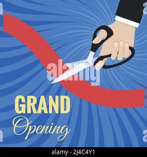 Card grand opening ceremony cut the red ribbon with scissors. Vector illustration. Stock Vector