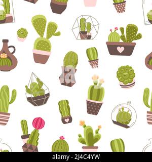 Home and garden cactus plants with flowers seamless pattern vector illustration Stock Vector