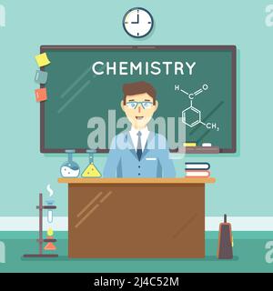 Chemistry teacher in classroom. School science study, university man research. Vector illustration flat education background Stock Vector