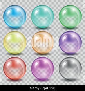 Abstract glass color spheres on transparent background. Ball shiny transparent, bubble reflection and glossy, vector illustration Stock Vector