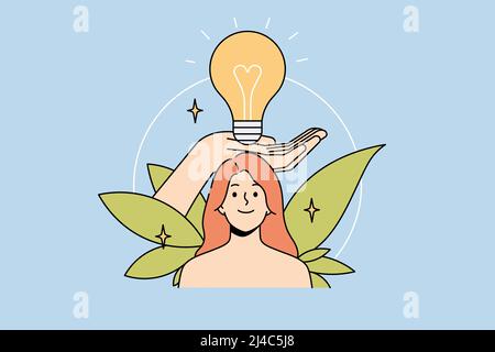 Huge hand holding lightbulb above smiling woman head. Happy female generate creative ideas brainstorm think over plans or thoughts. Visualization concept. Vector illustration.  Stock Vector