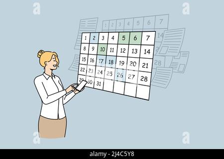 Businesswoman use smartphone plan appointment for day in calendar application. Woman scheduling appointments and events on cellphone app. Time management. Vector illustration.  Stock Vector