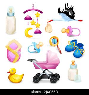 Baby shower icons set with milk bottle pacifier flying crane isolated vector illustration Stock Vector