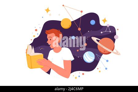 Young man reading science literature about planet, stars and constellations in space Stock Vector