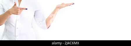 Banner with doctor's hands showing to the side. medical uniform. Cosmetology and medicine. Copy space. Isolated. Stock Photo