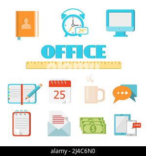 Vector colored flat office icon set for Web and Mobile Application (app) Stock Vector