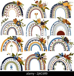 Boho rainbows with bouquets of wildflowers, leaves. Bohemian rainbows in pastel colors. Scandinavian style. Doodle Modern collection illustrations. Vector Stock Vector