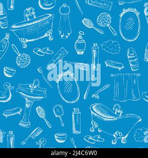 Bathroom Themed Design on Blue Background with toothpaste  bathtub  towel artwork and more. Stock Vector