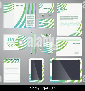 Brand identity company style template in fresh organic turquoise blue and green demonstrated on mobile devices  office supplies and stationery for eco Stock Vector