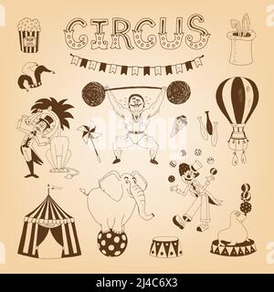 vintage circus elements for poster design with elephant and lion tamer Stock Vector