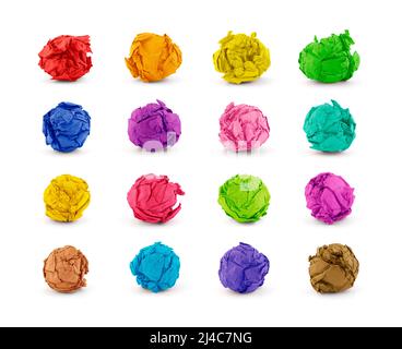 Set of crumpled colorful paper ball on white background Stock Photo