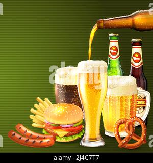 Realistic beer concept with glasses and different snacks vector illustration Stock Vector
