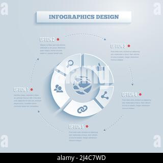 Vector paper infographics with social media and networking icons showing links  contacts  community  chat  share  search and like on five segments of Stock Vector