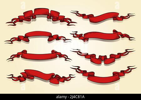vector red retro ribbon banners set in vintage style Stock Vector