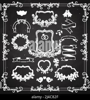 Wedding vector graphic set with wreaths  frames and ribbons  hearts  bells and birds as design elements for greeting cards and invitations in white on Stock Vector