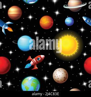 Brightly colored background seamless kids design of rockets flying through a starry sky in outer space between a variety of planets in the galaxy in a Stock Vector