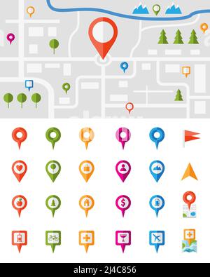 City map with a large set of colorful pin pointers each showing a different vector infographic urban location  utility or service icon  with the point Stock Vector