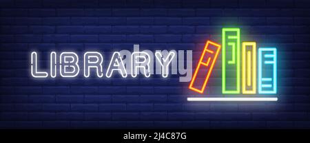 Library neon text and books on shelf. Education, literature and knowledge concept. Advertisement design. Night bright neon sign, colorful billboard, l Stock Vector