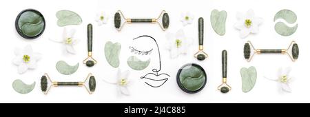 Creative modern selfcare concept. Banner made with surreal woman face and set of cosmetic tools for self-care. Face rollers, massager gua sha scraper, Stock Photo