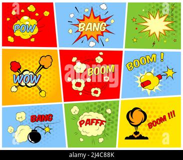 Vector comic boom or blast explosions and comic sound effects set Stock Vector