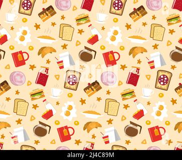Breakfast seamless pattern with sandwiches cake and coffee flat vector illustration Stock Vector