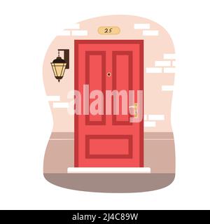 Red door to home apartment, house brick wall, classic building entrance with decoration Stock Vector
