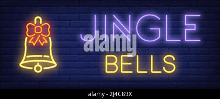 Jingle bells neon sign. Jingle with red bow on brick wall background. Vector illustration in neon style for Christmas and New Year celebration Stock Vector