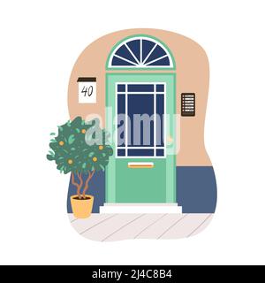 Green door to house with tree on sidewalk, entrance to building with window and arch Stock Vector