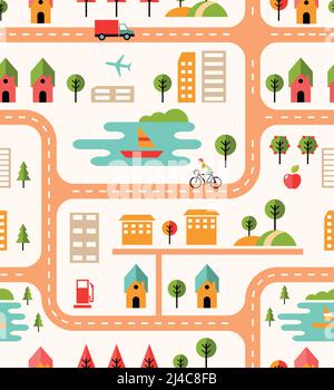 City map seamless background pattern with streets  housing icons  cyclist  park  airport  lake with boats  fuel pump  high-rise buildings and apartmen Stock Vector