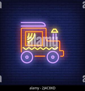 Locomotive with chimney neon sign. Red steam locomotive with curtains in window. Night bright advertisement. Vector illustration in neon style for amu Stock Vector