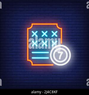 Neon icon of lottery ticket. Scratch card and ball with figure of seven on brick wall background. Lotto playing concept. Can be used for neon signs, p Stock Vector
