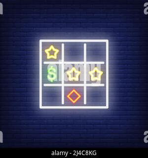 Neon icon of bingo card. Table with stars, diamond and dollar symbols on brick wall background. Lottery game concept. Can be used for neon signs, post Stock Vector