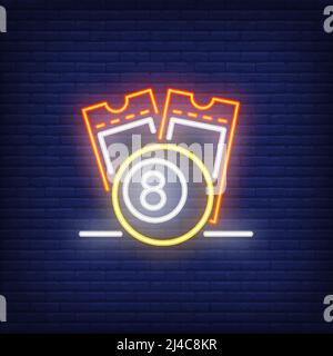 Neon icon of lottery tickets. Scratch coupons and ball with figure of eight on brick wall background. Lotto playing concept. Can be used for neon sign Stock Vector
