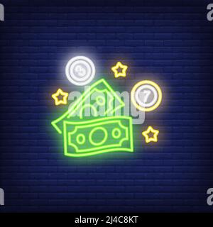 Neon icon of lottery prize. Money, balls and stars on brick wall background. Lotto playing concept. Can be used for neon signs, posters, billboards, b Stock Vector