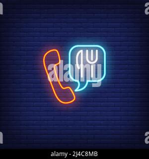 Neon icon of food ordering. Phone and fork and knife inside speech bubble on brick wall background. Food delivery concept. Can be used for neon signs, Stock Vector