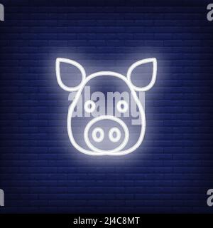Neon icon of pig head. Cartoon pig face shape on brick wall background. Meat restaurant or New Year concept. Can be used for neon signs, posters, bill Stock Vector