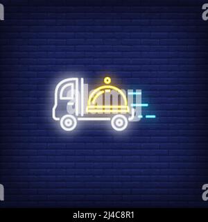Neon icon of restaurant delivery service. Serving tray on truck in motion on brick wall background. Food delivery concept. Can be used for neon signs, Stock Vector