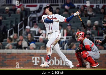 April 09, 2022: Atlanta Braves first baseman Matt Olson rounds second base  during the third inning of a MLB game against the Cincinnati Reds at Truist  Park in Atlanta, GA. Austin McAfee/CSM/Sipa