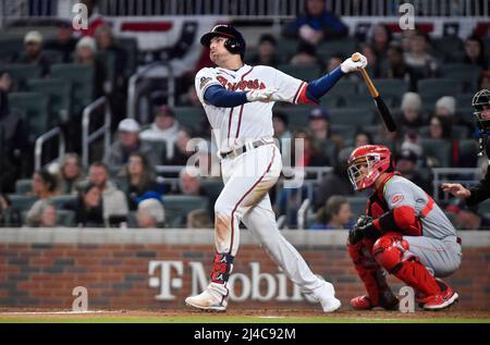 Atlanta Braves third baseman Austin Riley reacts with a chop after