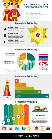 Thailand culture and analysis concept infographic charts set. Business pie and process charts for presentation slide templates. Can be used for financ Stock Vector