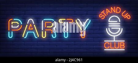 Party multicolored neon sign. Glowing Stand Up Club and mike on brick background. Night bright advertisement. Vector illustration in neon style for st Stock Vector