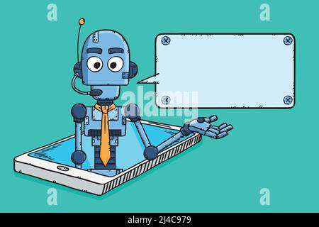 Hand drawn vector of customer support AI chat bot showing on smartphone screen with talking bubble Stock Vector