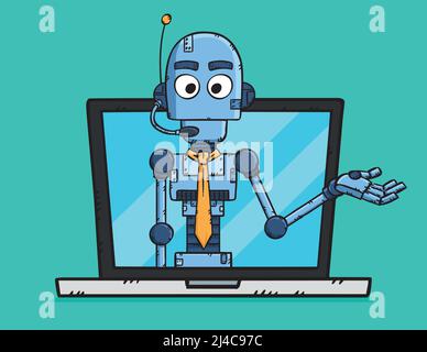 Hand drawn vector of customer support AI chat bot showing on laptop screen. Stock Vector