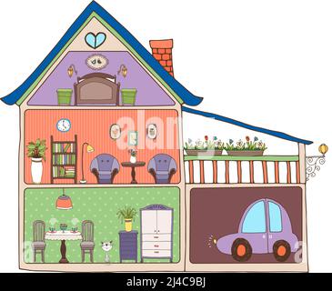 Vector illustration showing a cross-section through a family home showing interior design and decor  furnishings  living areas and car parked in the g Stock Vector